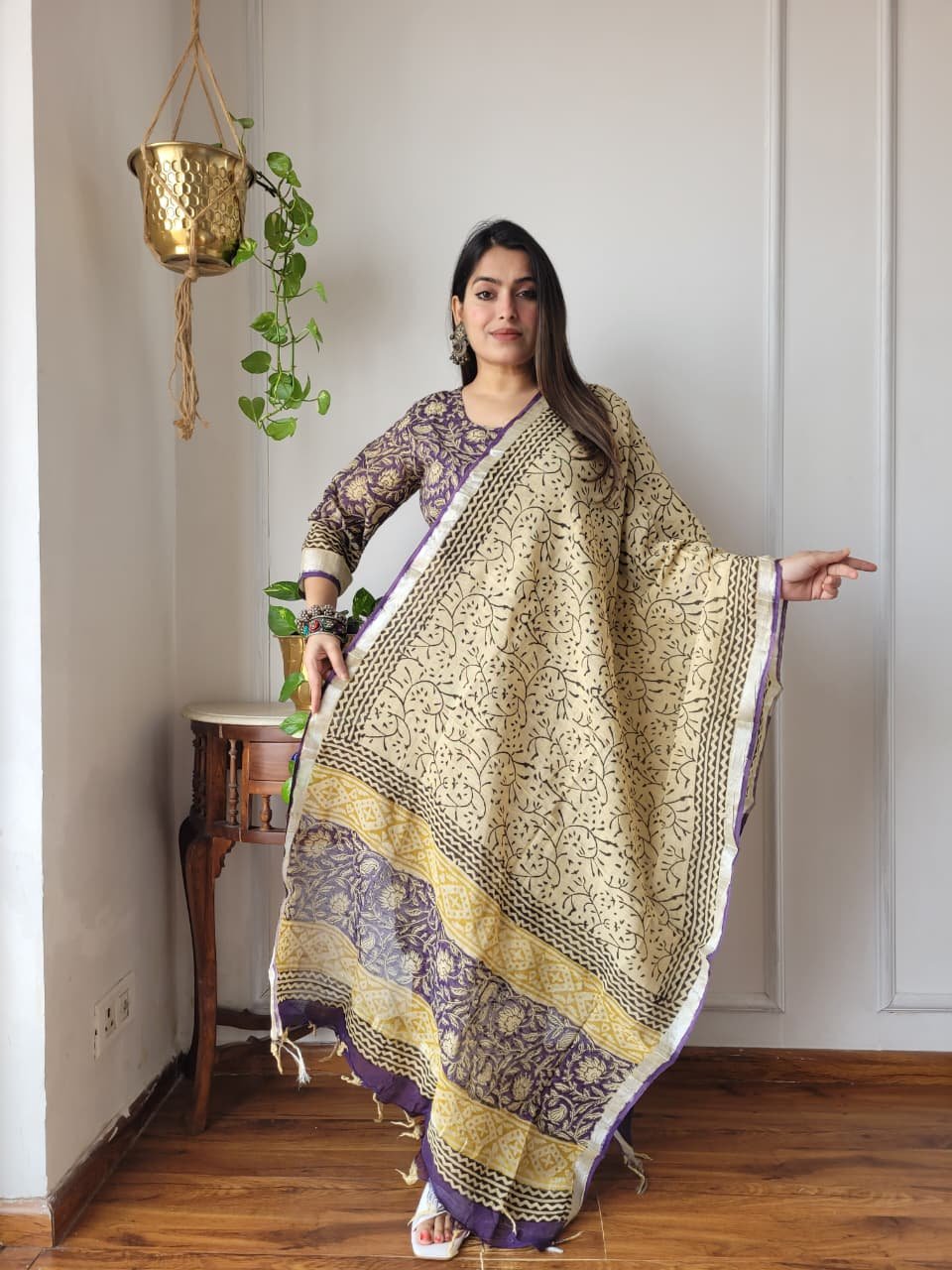 Purple  Bagru Hand Block Printed Linen Suit Set